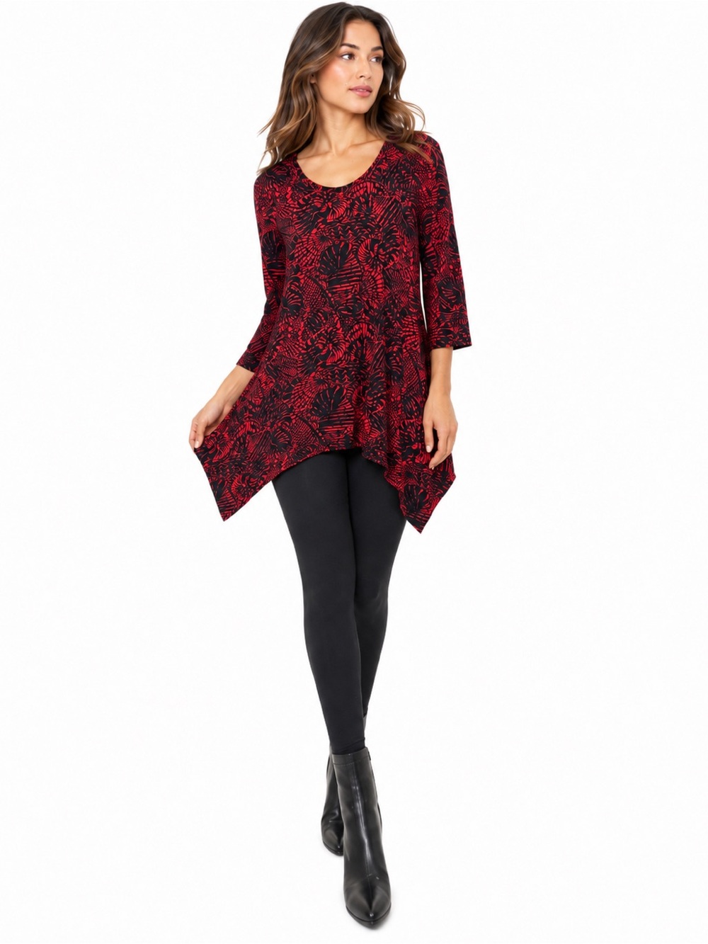 Iolani Made in Hawaii Red Black Hawaiian Tunic Top Size M Asymmetrical Hem